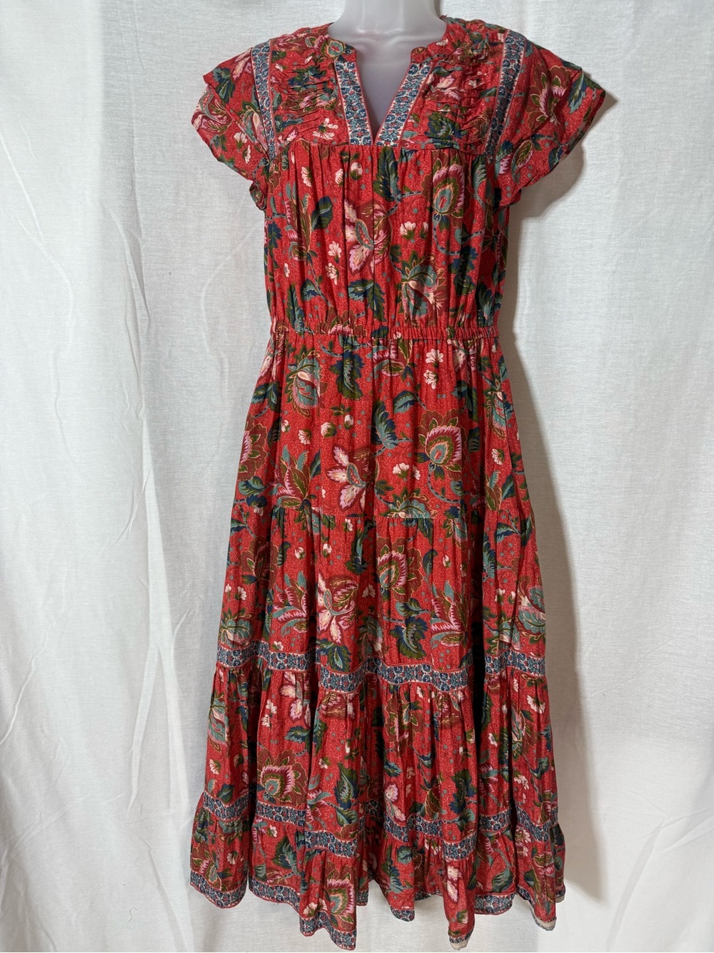 Sundance Red Floral Maxi Dress with Blue Accents Size sp